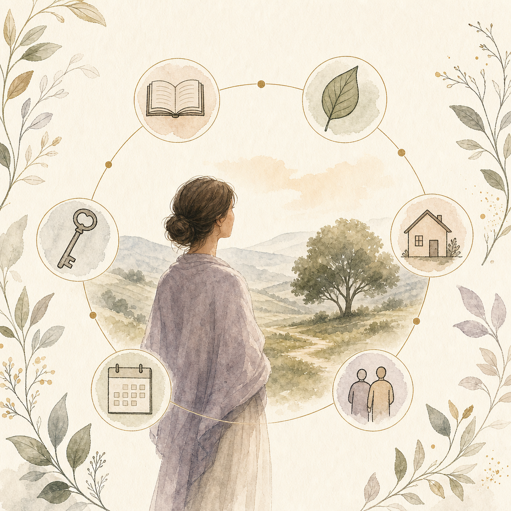 A person surrounded by symbols of knowledge, memory, home, key, calendar and relationships forming a personal ecosystem