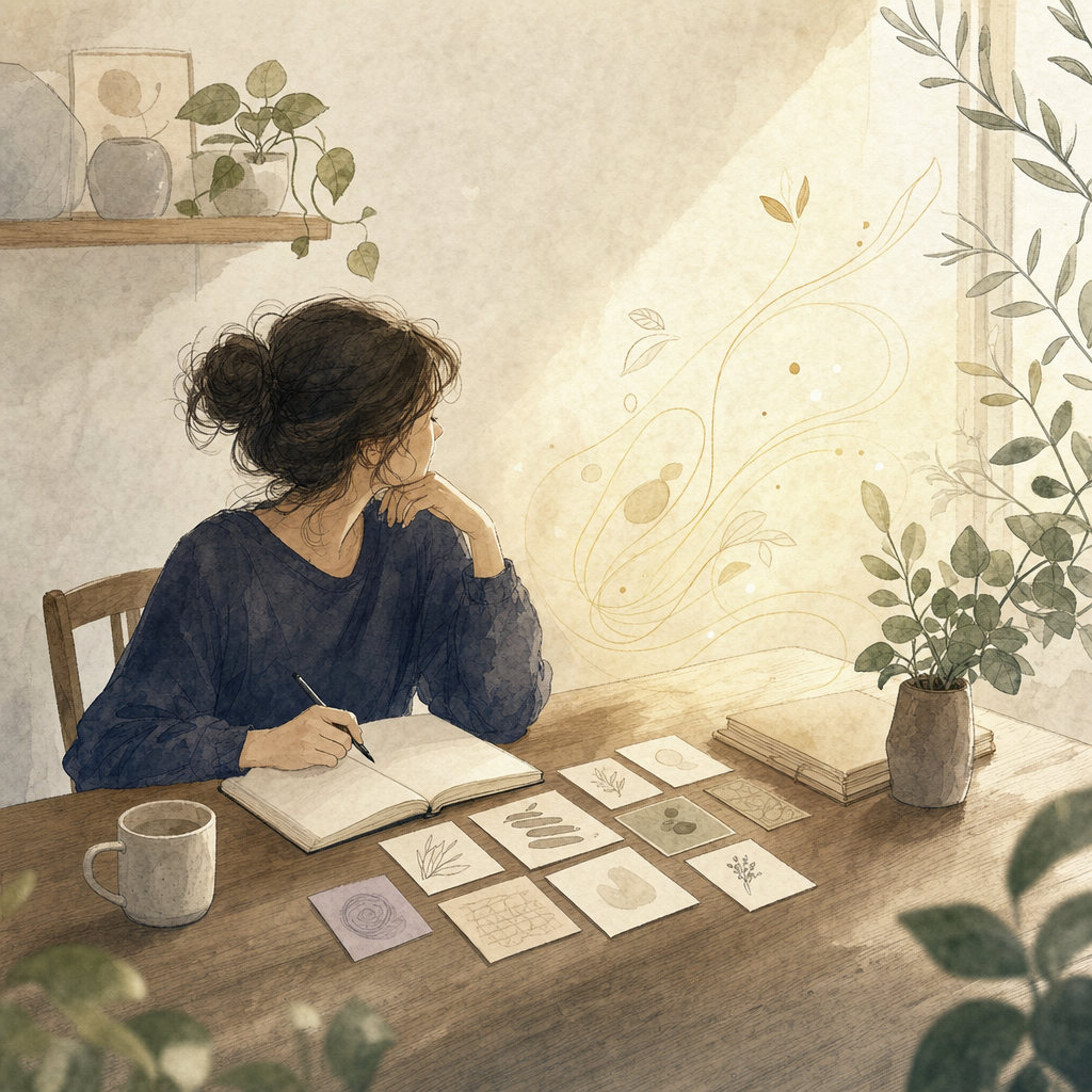A person at a desk with notes, surrounded by gentle AI traces — human creativity working with AI