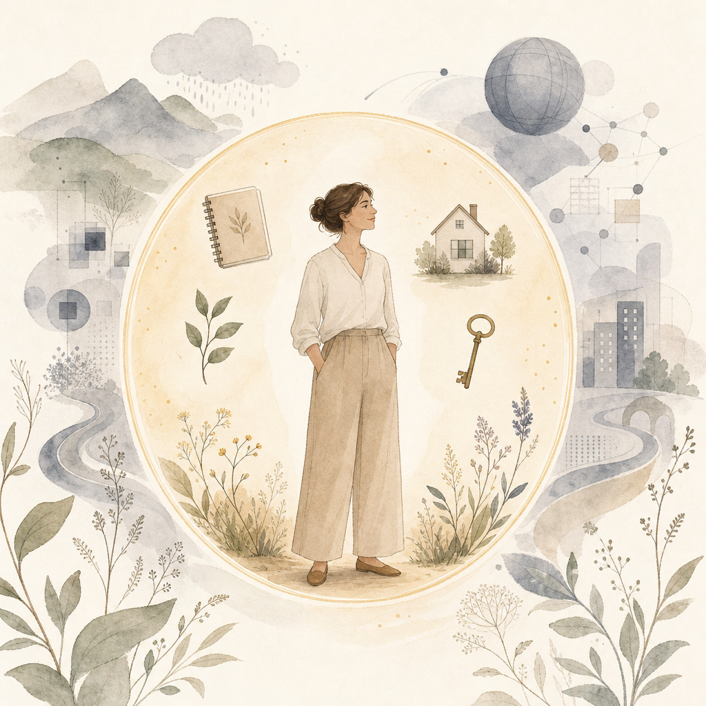 A reflective portrait of a person standing within their own world — surrounded by elements of life and work