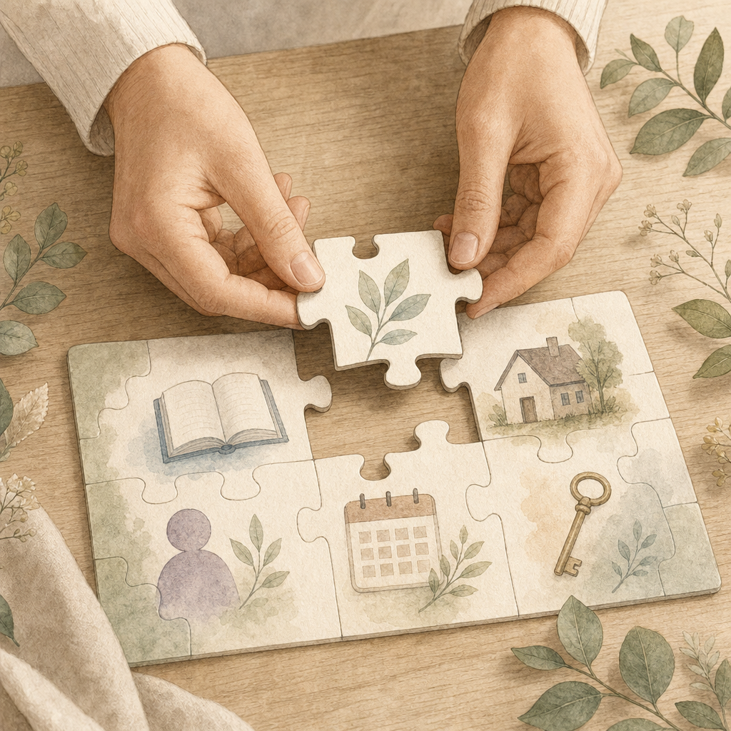 Hands assembling a small puzzle of life pieces — a calendar, home, person, book and key