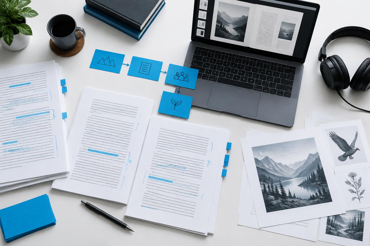 Book production process with manuscript, illustration and audiobook work